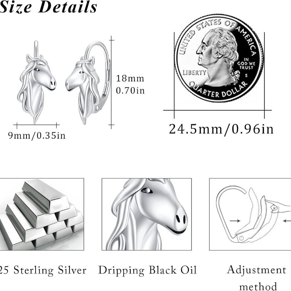 Sterling Silver Horse Earrings Women Hoop Stud Jewelry Gift for Equestrian - Picture 4 of 6